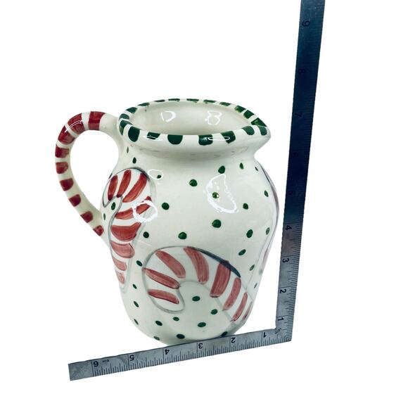 Pottery Candy Cane Juice Pitcher 7" Holiday Studio Art Signed Lynn Morris Vtg - Picture 5 of 7